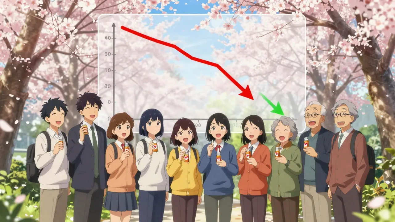 A group of people in a park holding generic pill bottles with a graph showing price savings above them.