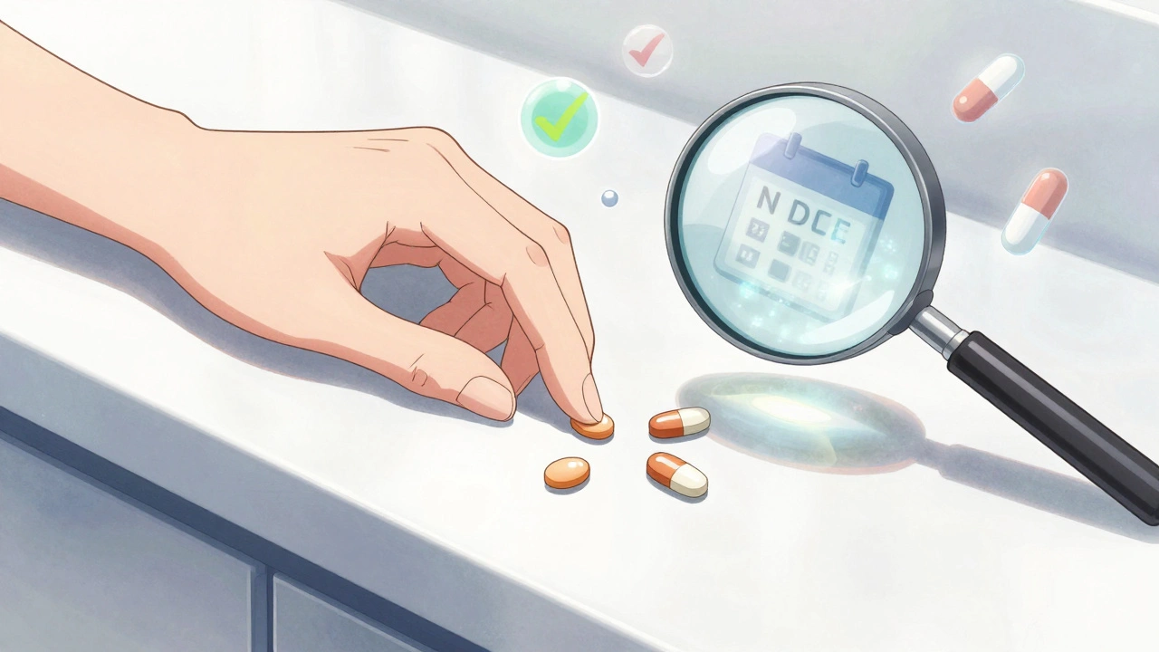A hand counts pills on a counter, with a magnifying glass revealing the drug code.