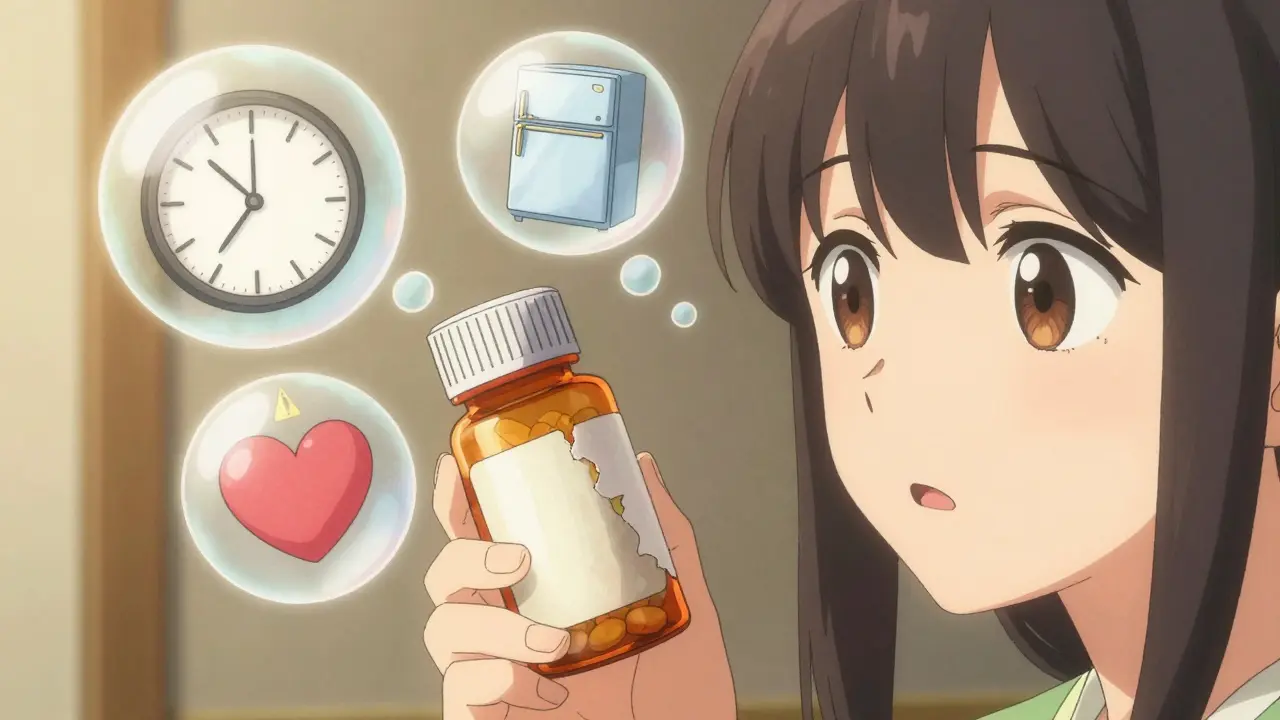 A hand holding a pill bottle with floating thought bubbles showing medication timing, storage, and side effect symbols.