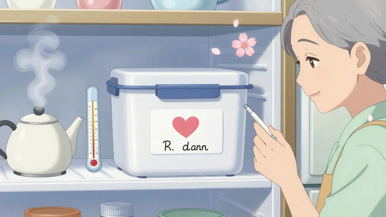 A lockable fridge container with labeled insulin and eye drops sits on the center shelf, with a thermometer showing 42°F and cherry blossoms nearby.