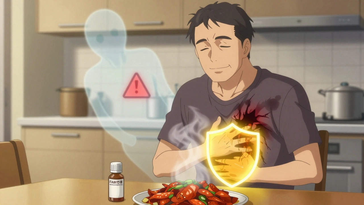 A man eating spicy food with a glowing heartburn shield, dark shadows receding as he smiles in relief.