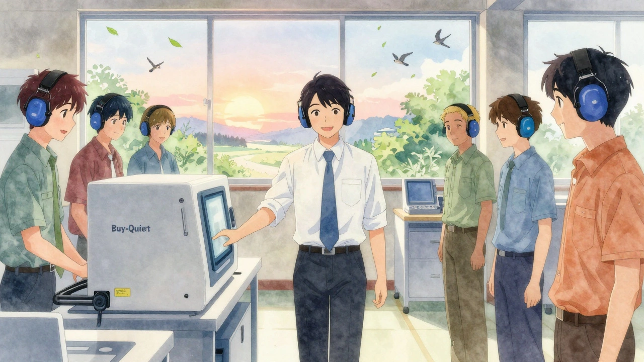 A manager beside a quiet machine as workers smile, with sunrise and birds in the background.