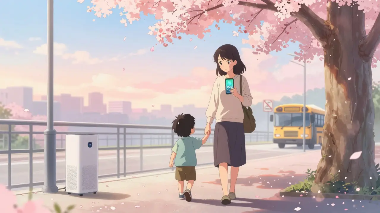 A mother and child walk safely in clean morning air, with a low air quality alert visible on a phone.