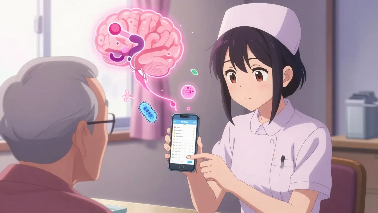 A nurse helps a patient use a cognitive app, with floating medical symbols in pastel anime tones.