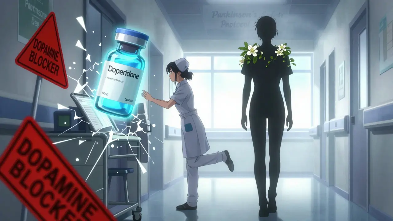 A nurse stops as a glowing safe medication floats above a chart, red warning signs shattering around them.