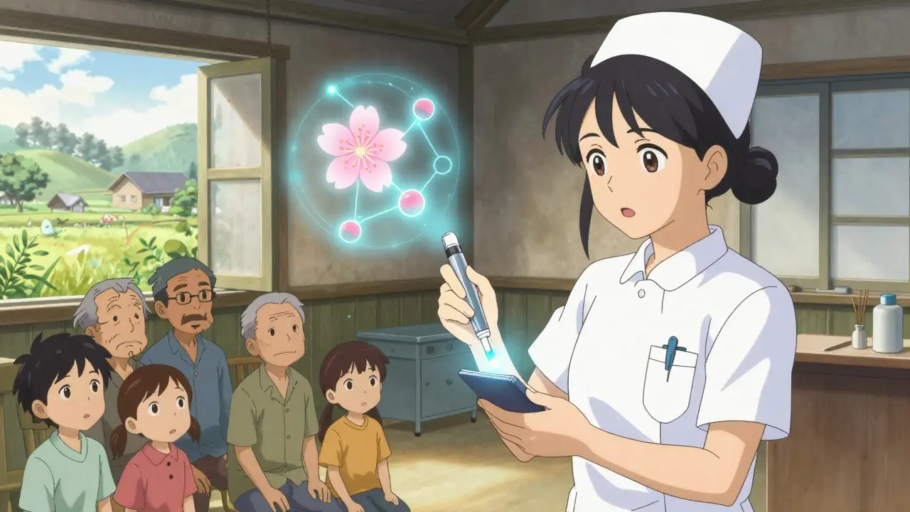 A nurse using a handheld scanner to verify a pill, with a holographic molecular bloom in a rural clinic.