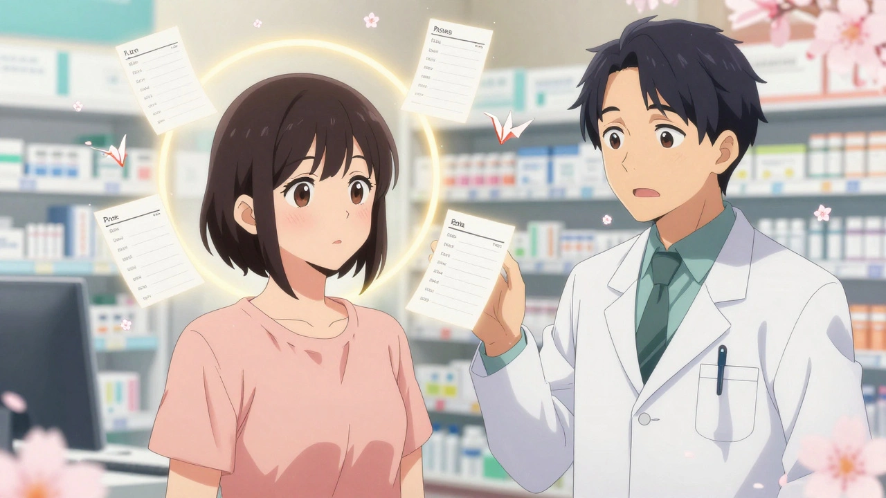 A patient and pharmacist share a moment as floating checkmarks hover around them.