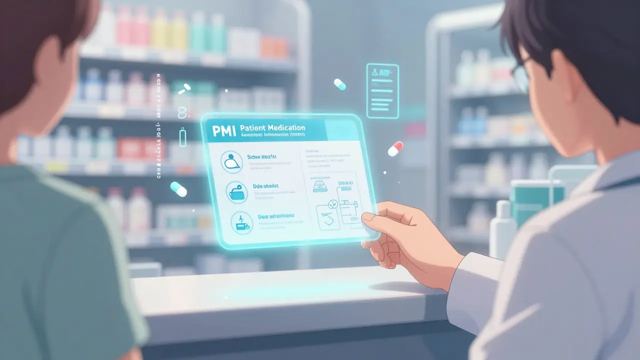 A patient receiving a glowing, holographic one-page Patient Medication Information card at a futuristic pharmacy.