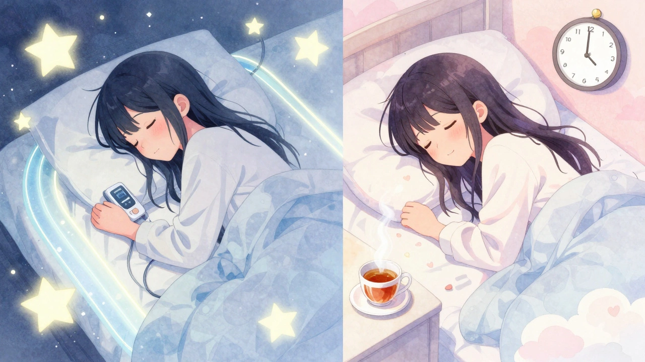 A peaceful couple sleeping side by side, one wearing a snoring device, with stars and heart motifs symbolizing restful sleep.