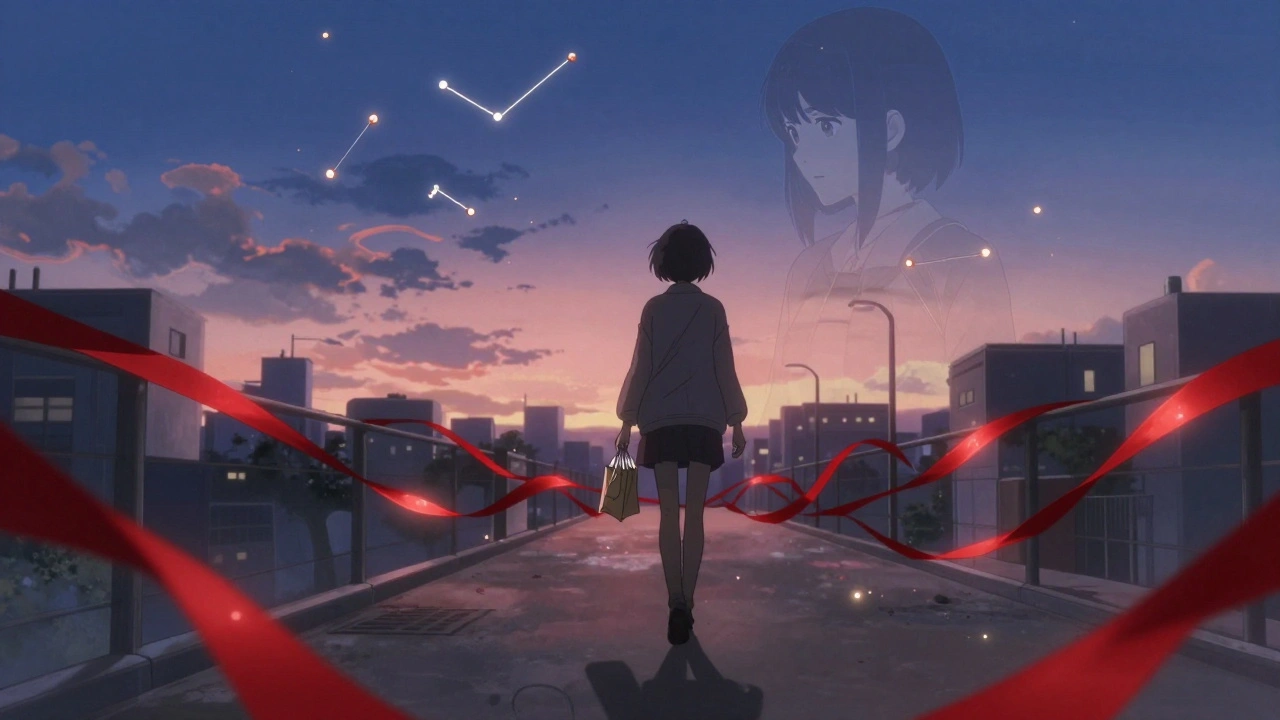 A person walks at dusk with clean needles, their shadow leading to a path of glowing red ribbons, pills and needles form stars above.