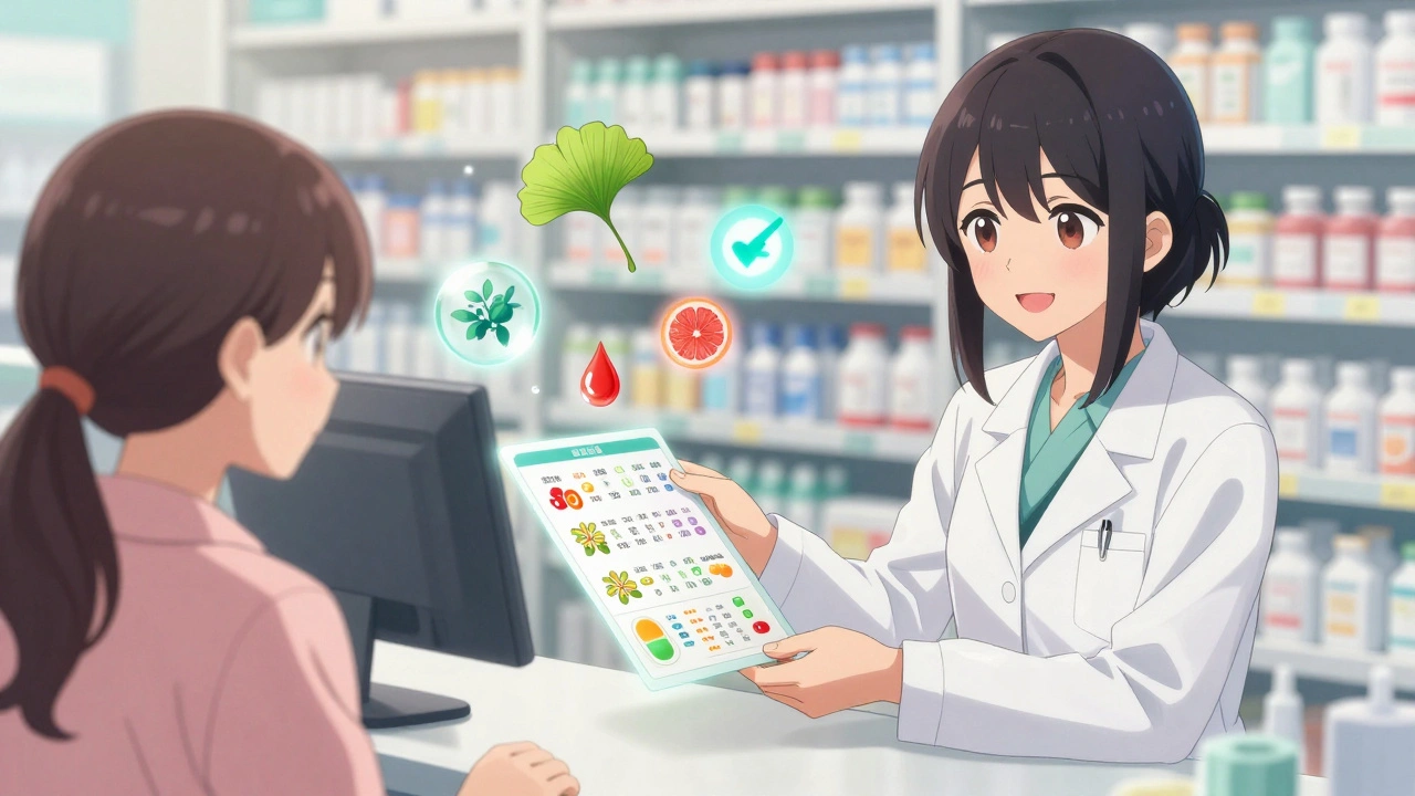 A pharmacist at a counter handing a patient a safety chart, with floating symbols of supplements and interactions dissolving into safety icons.