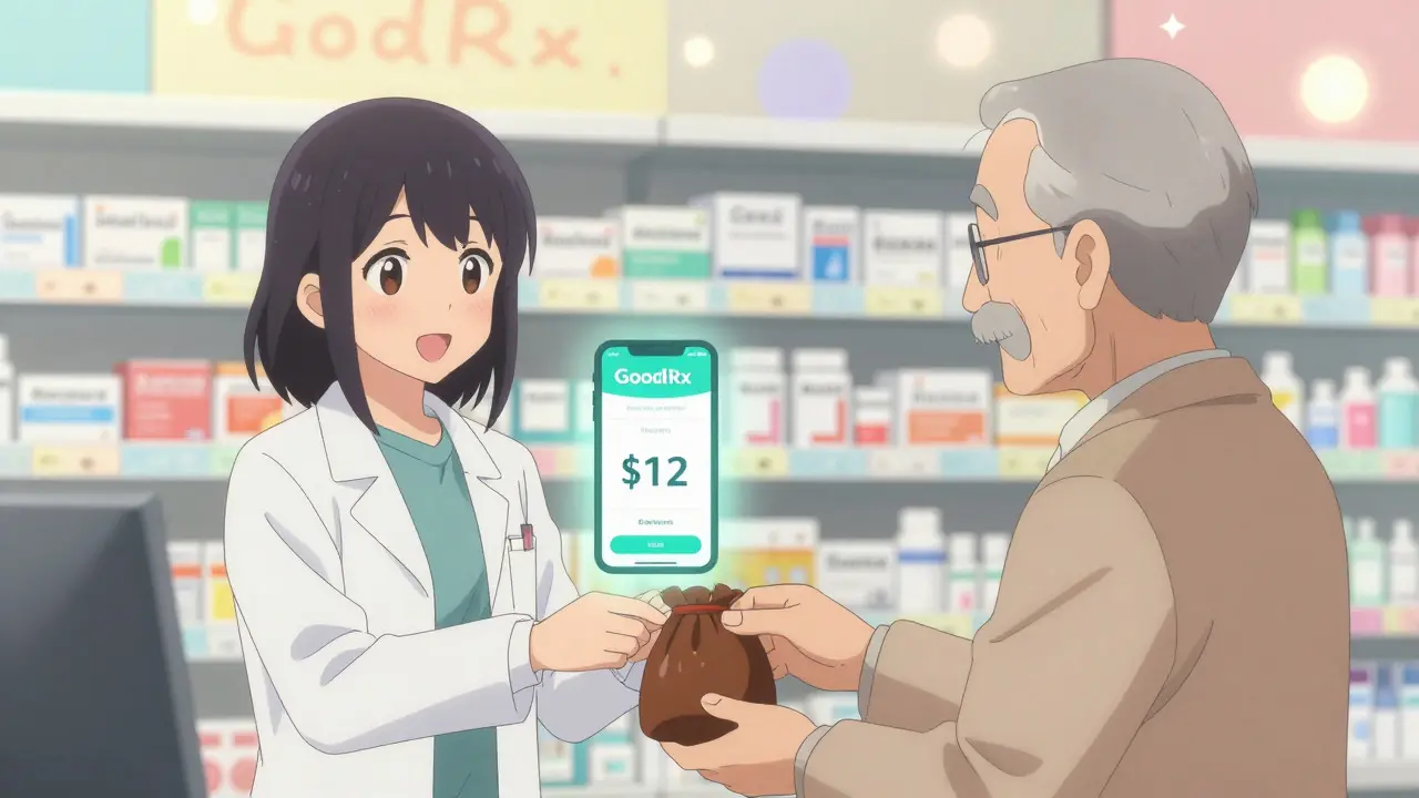 A pharmacist giving a generic medication to an elderly man with a GoodRx price display nearby.