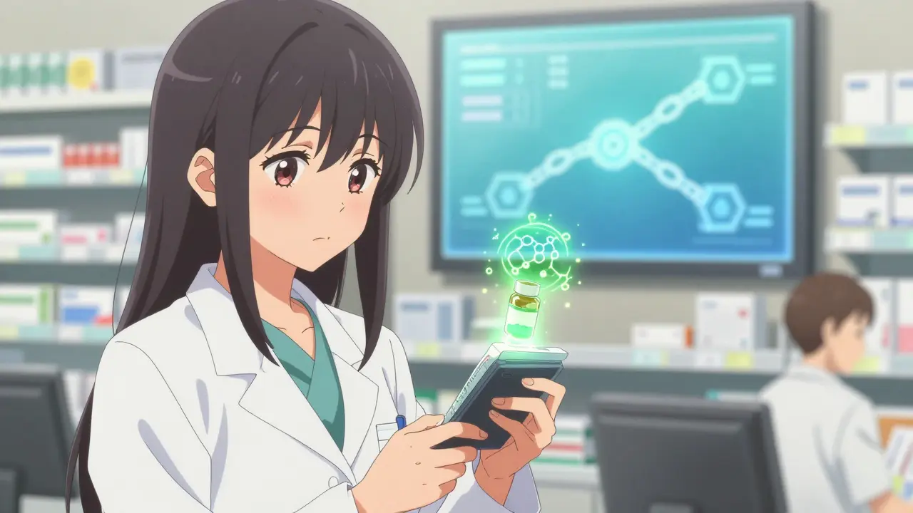 A pharmacist scanning a pill package as molecular patterns float above it in a bright pharmacy.