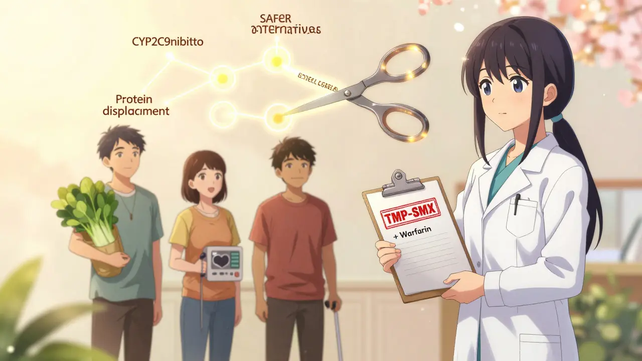 A pharmacist warns patients about dangerous drug interactions, with a flowchart showing safer alternatives.