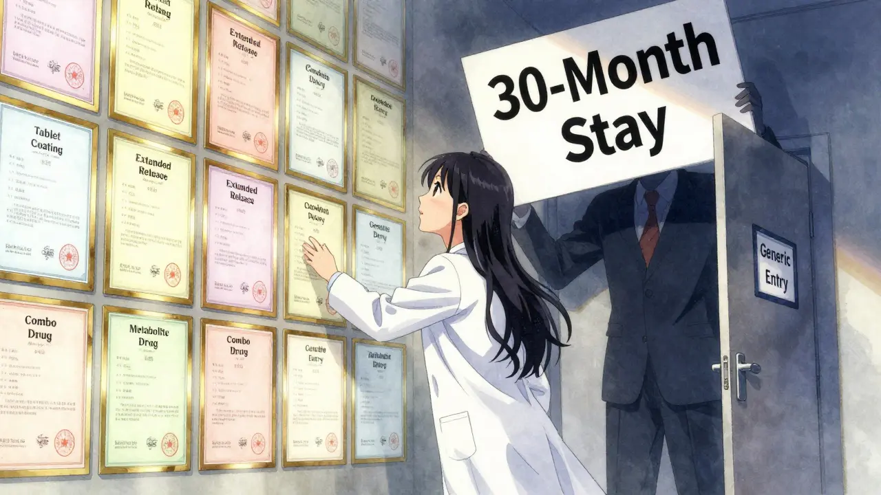 A scientist facing a wall of patents, reaching toward a door labeled 'Generic Entry'.