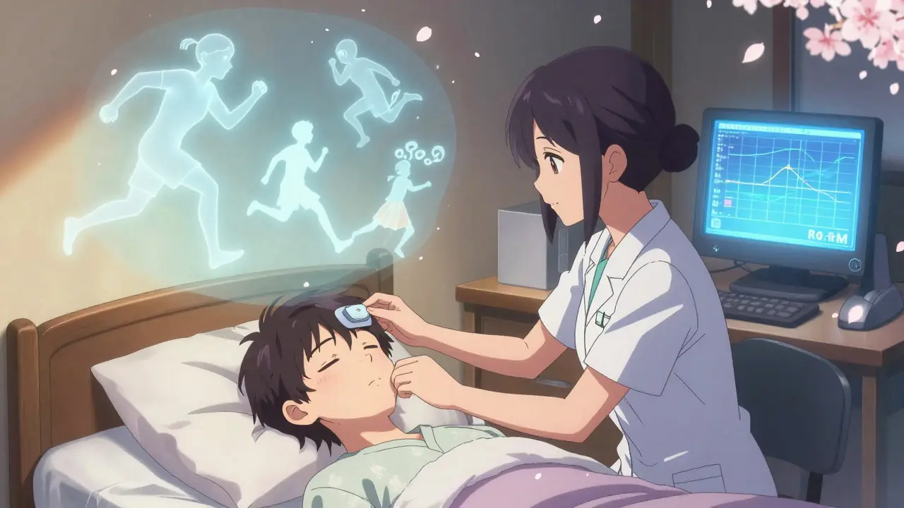 A sleep technologist adjusts sensors as a dream figure floats above the patient, visualizing sleep movements in soft pastel tones.