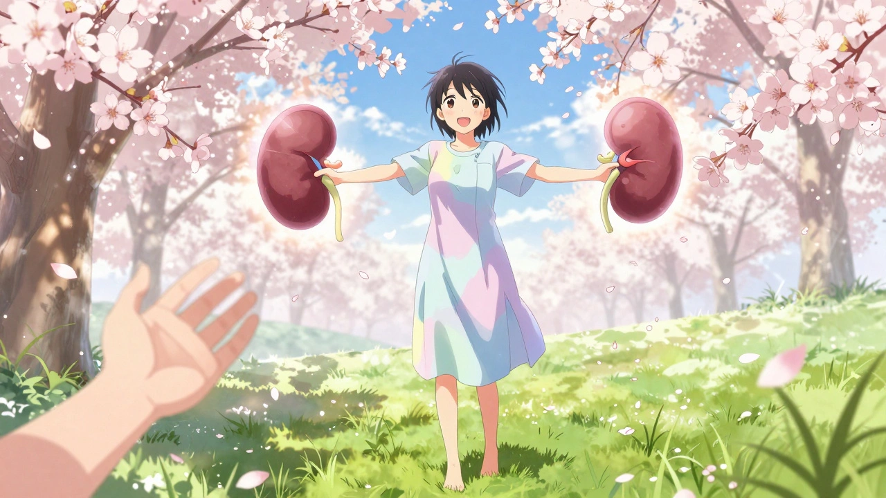 A smiling transplant patient surrounded by cherry blossoms and a glowing kidney, standing in sunlight.