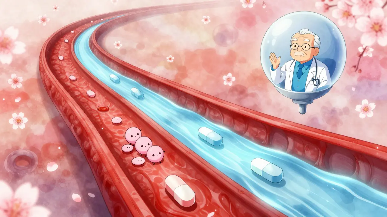 A surreal artery scene with aspirin and fish oil pathways, cartoonish platelets avoiding clumping, and a doctor watching from above.