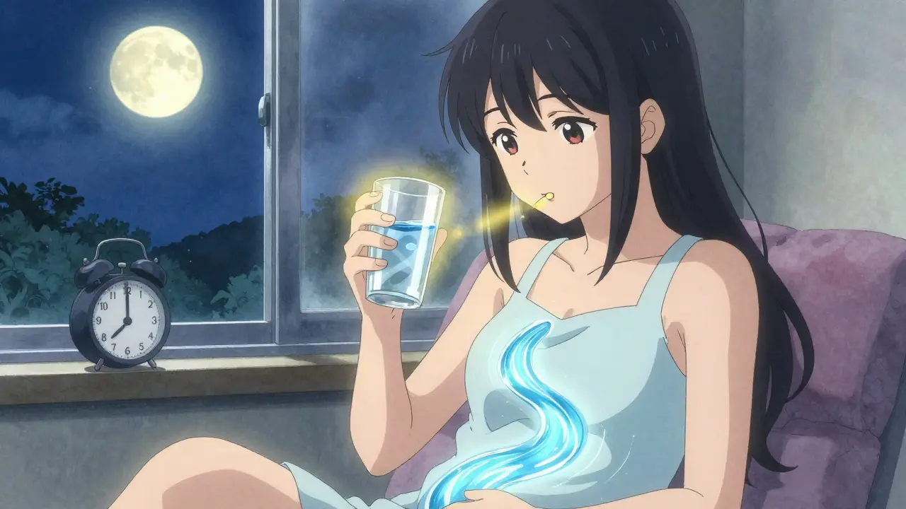 A teenager taking an extended-release pill at night, with a calm golden light flowing through her body.