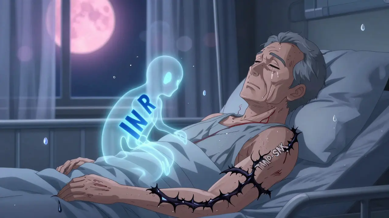An elderly man in bed with a ghostly warfarin molecule and thorned TMP-SMX vine wrapping his arm.