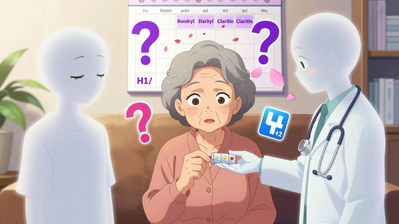 An elderly woman being guided by two medicine spirits—one foggy, one clear—as she chooses a safer option.