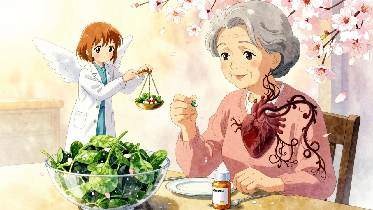 An elderly woman eating spinach with warfarin pills, surrounded by shadowy vitamin K vines twisting toward her heart.