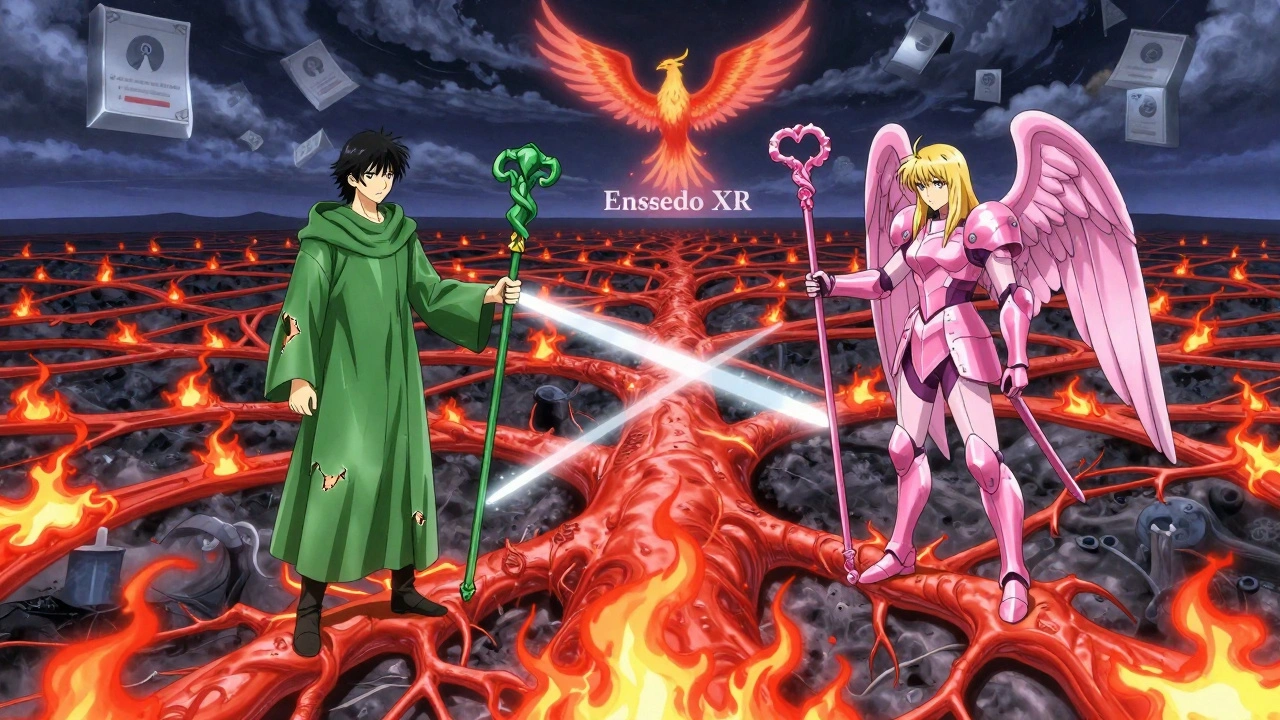 Angelic figures battling pain signals in a nerve pathway, one with erratic energy, the other with focused light, in shoujo manga style.