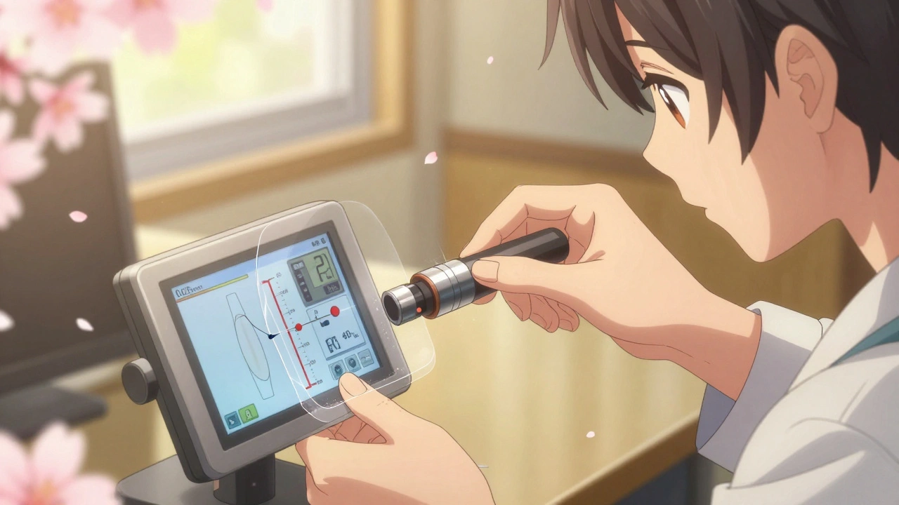 Close-up of hands measuring a stent with overlay tolerance indicators and environmental sensors.