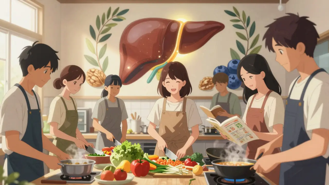 Diverse people cooking together in a kitchen, with a mural of a healthy liver and wholesome foods on the wall.