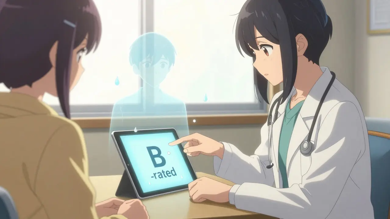 Doctor and patient discussing a B-rated generic drug, with a translucent brand-name version floating beside it.