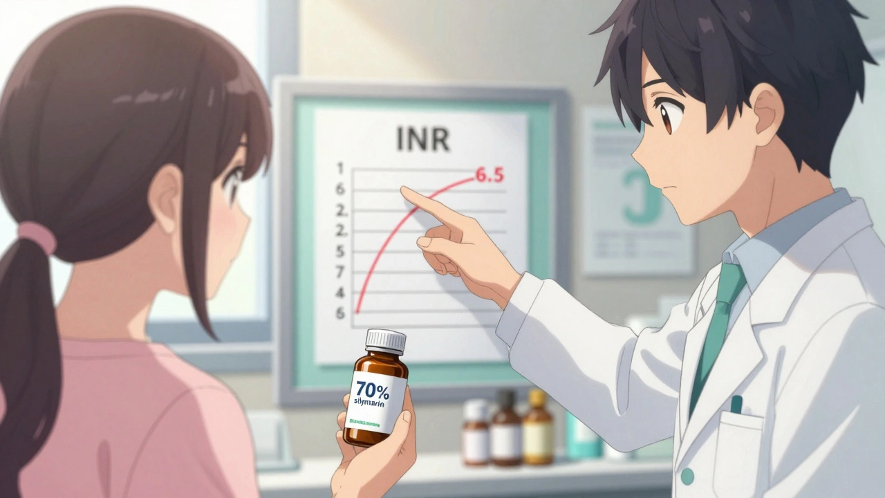 Doctor and patient in clinic, holding milk thistle bottle as INR levels spike on a medical chart.
