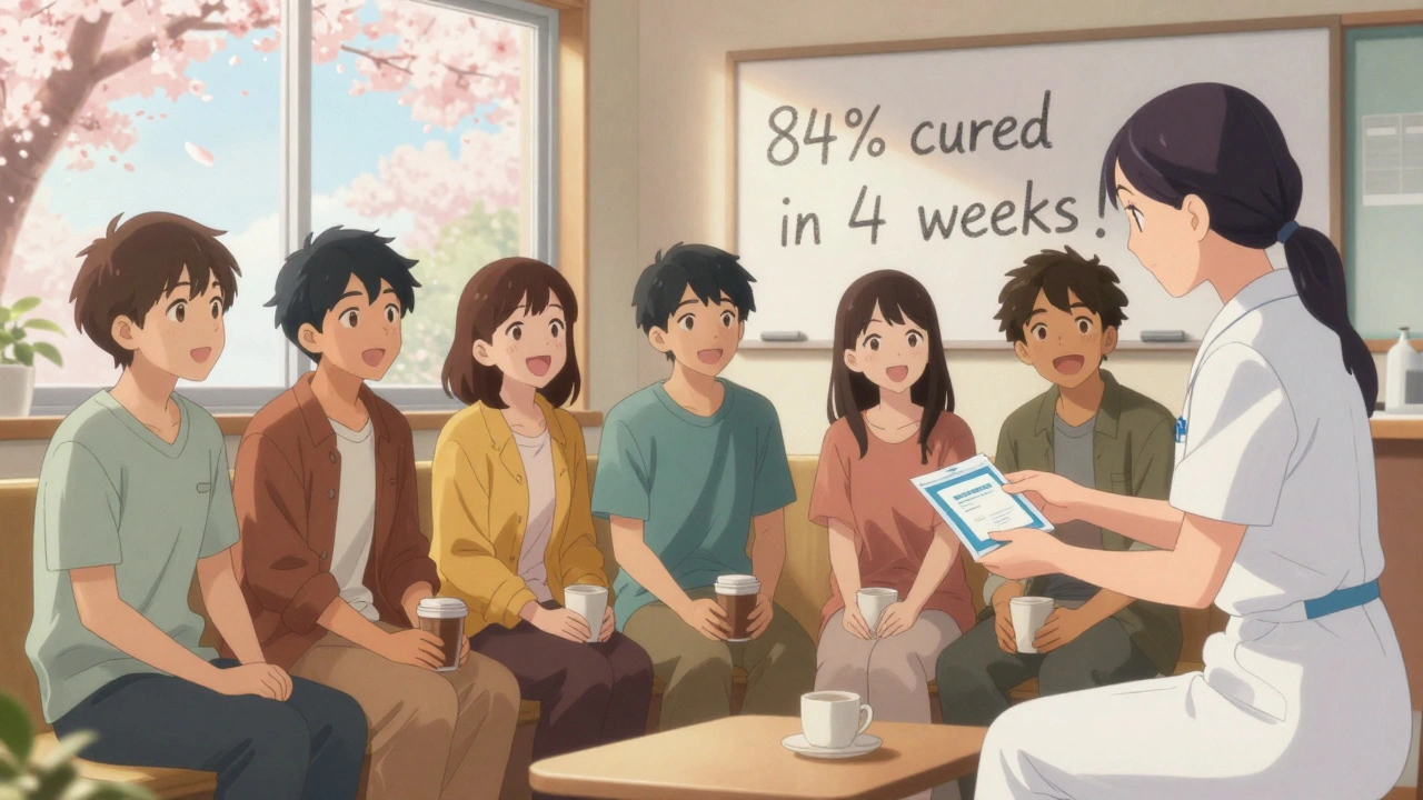 Friends laugh in a clinic lounge as one receives a 4-week HCV treatment pack, sunlight and cherry blossoms fill the scene.