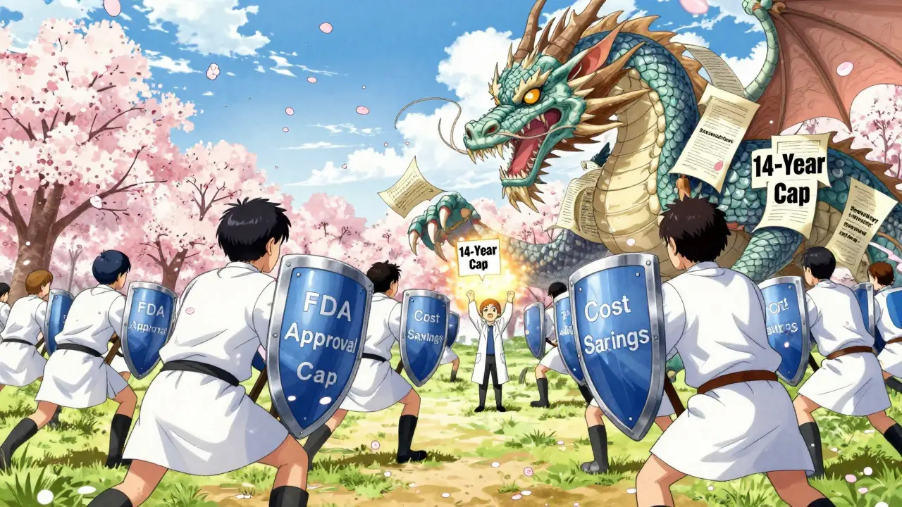 Generic drug warriors battling a patent-scroll dragon under a fading 14-year cap sign.