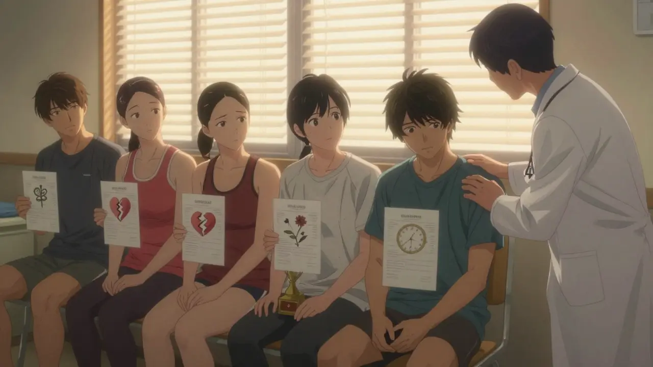 Gym-goers in a clinic hold blood test results that transform into symbolic objects, a doctor offers quiet support in golden light.