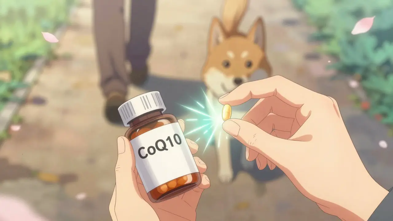 Hands place a CoQ10 supplement beside a statin bottle, with glowing energy symbolizing muscle relief.