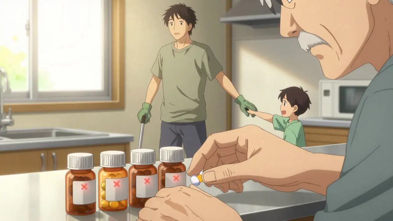 Older man placing pill bottles on kitchen counter, three marked with red Xs, reflection shows him walking confidently with grandchild nearby.