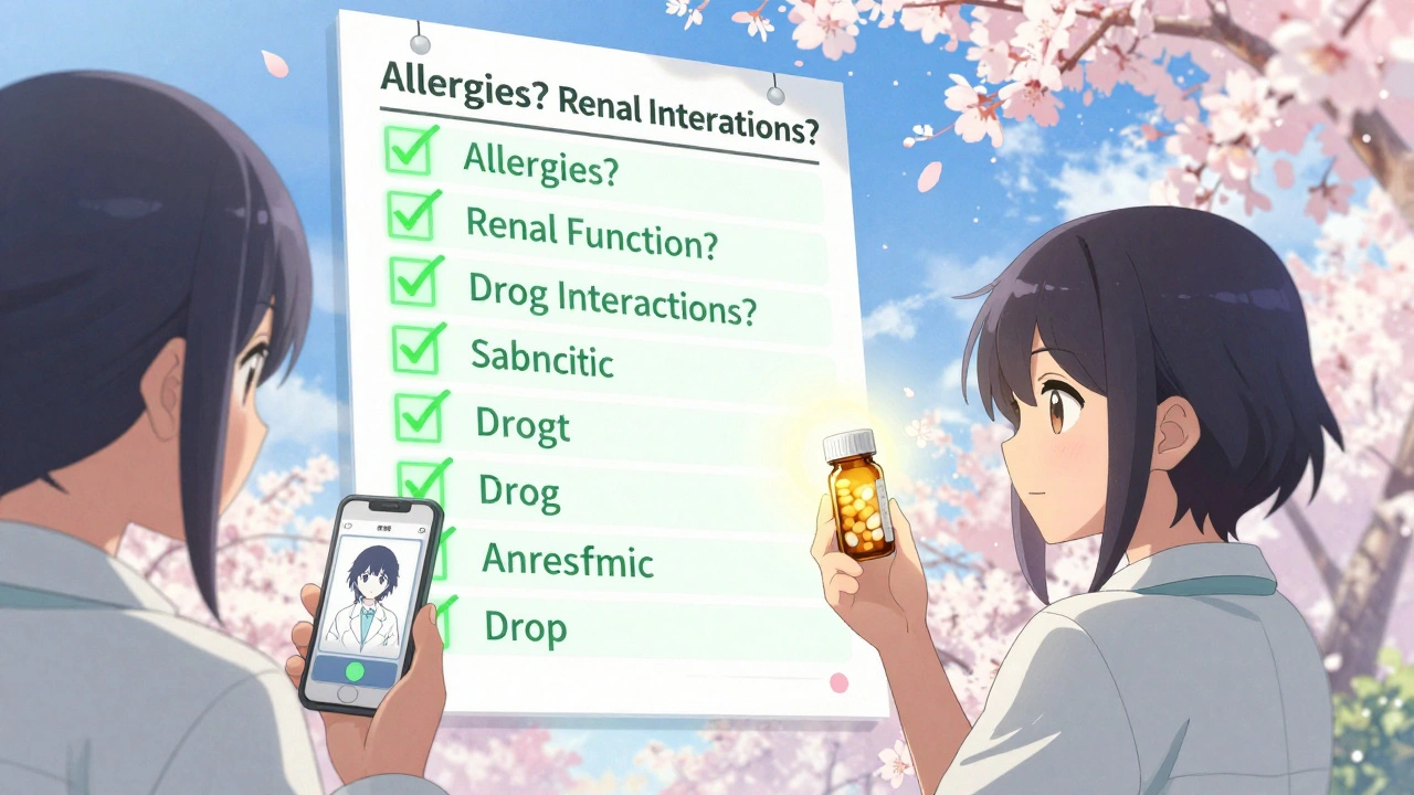 Patient checking pill against glowing checklist in sky, cherry blossoms falling, symbols of safety around them.