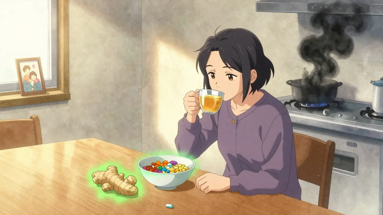 Patient drinking ginger tea beside safe meals, with a dark shadow dissolving away in a sunlit kitchen.
