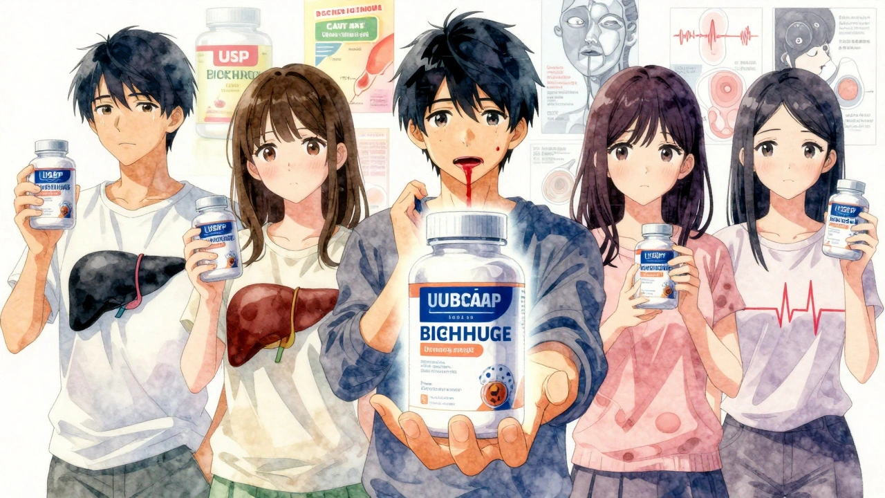 People holding supplements with translucent health consequences overlayed, while one reaches for a verified safety label.