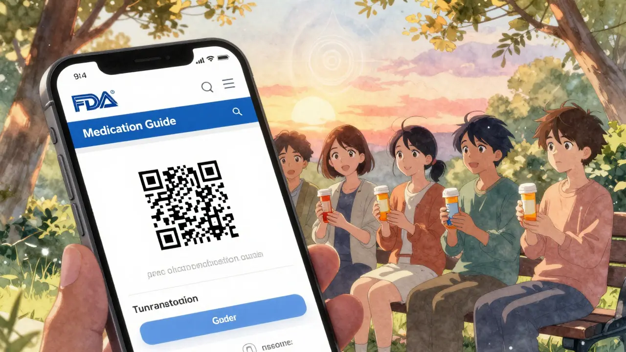 People on a park bench viewing a digital Medication Guide on their phones with a floating QR code.