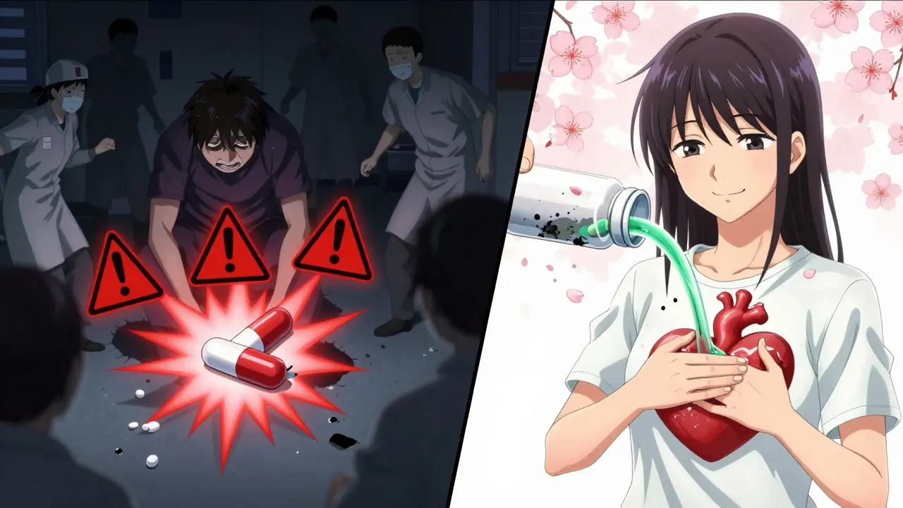 Split scene: chaotic explosion from a crushed pill vs. serene flow from an intact one, symbolizing safety.