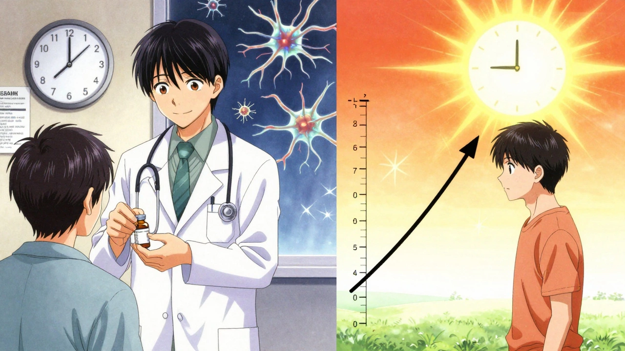 Split scene comparing slow, fragmented gabapentin dosing with smooth, linear pregabalin effects in anime style.