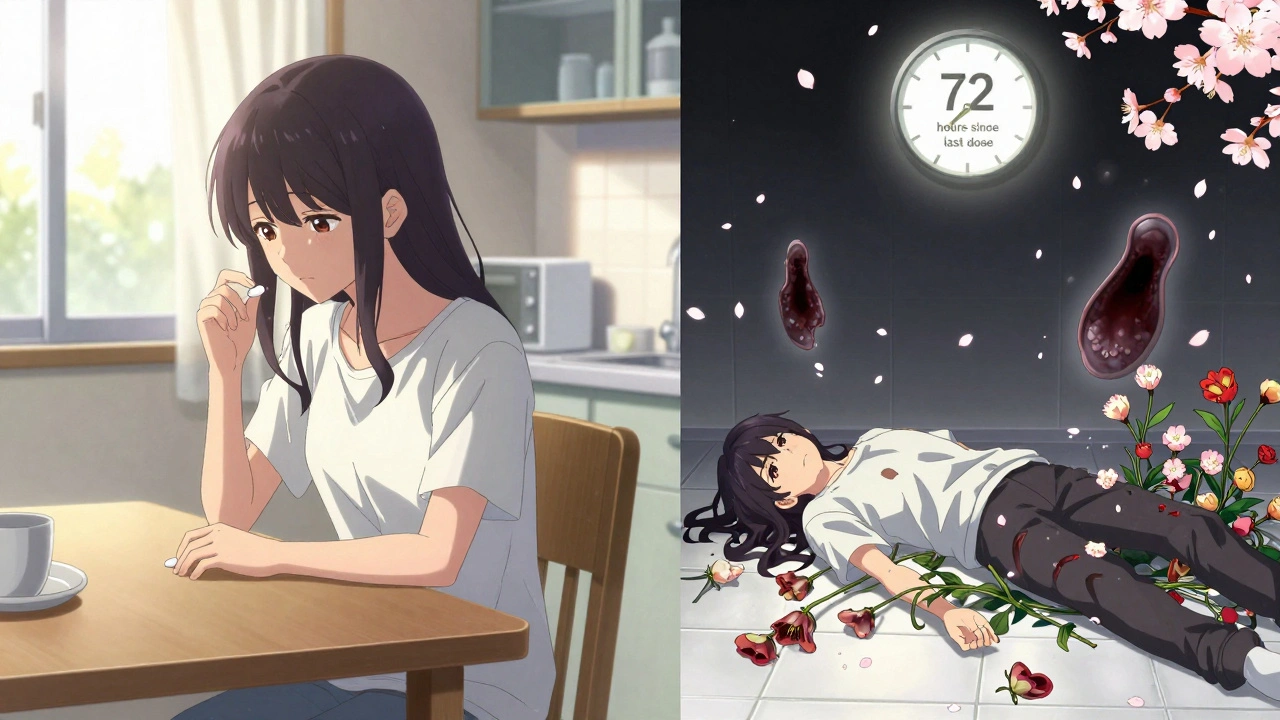 Split scene: peaceful pill-taking at dawn vs. collapse hours later, with wilting flowers and a fading clock.