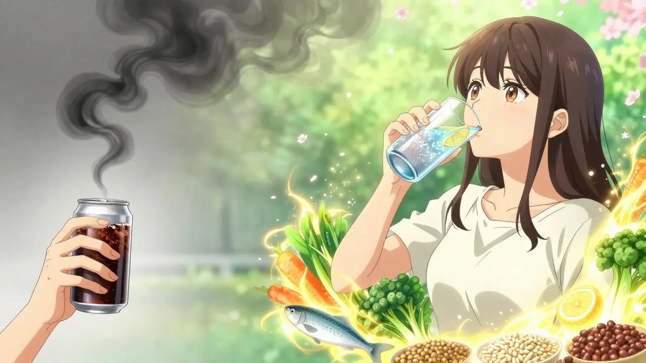 Split scene: soda turning to smoke vs. healthy foods glowing with light, symbolizing liver healing.