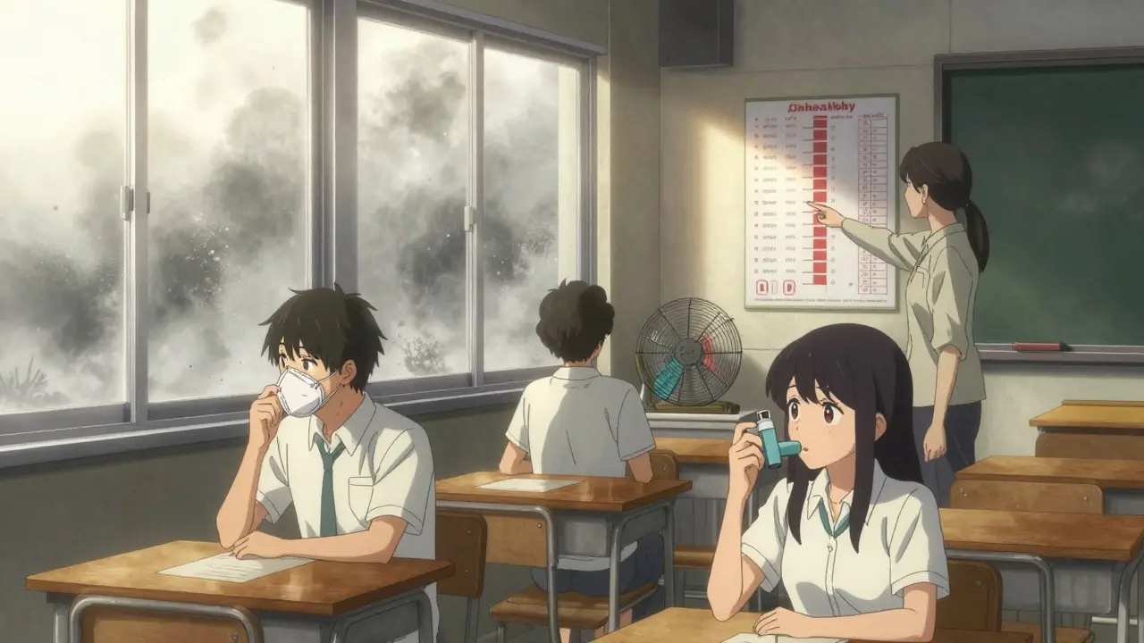 Students in a classroom monitor air quality as pollution levels rise outside.