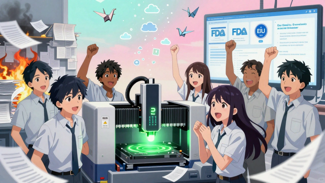 Technicians celebrate as an IoT sensor confirms no drift, turning paper records into flying cranes.