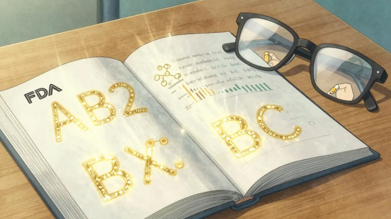 The FDA's Orange Book glowing with therapeutic equivalence codes AB2, BX, and BC, surrounded by molecular data streams.