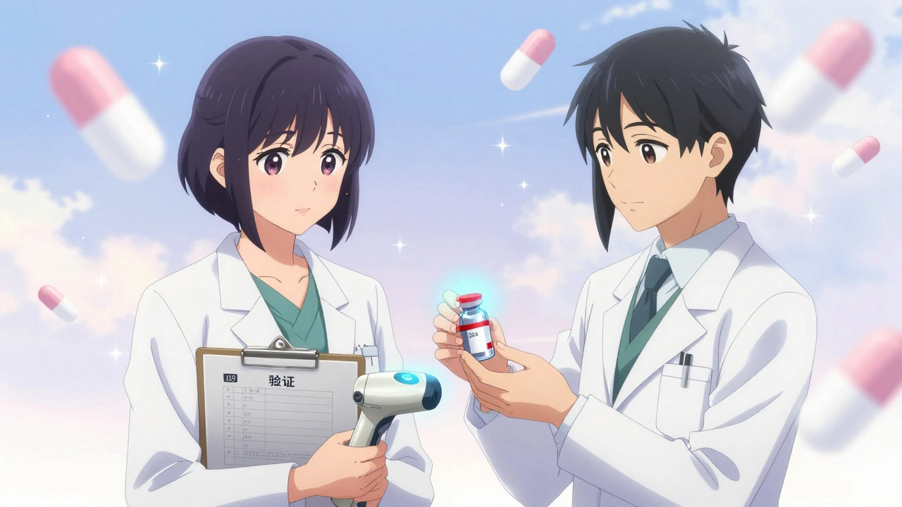 Two pharmacists verifying insulin dose with barcode scanner, red safety ribbon on vial, soft blue lighting.