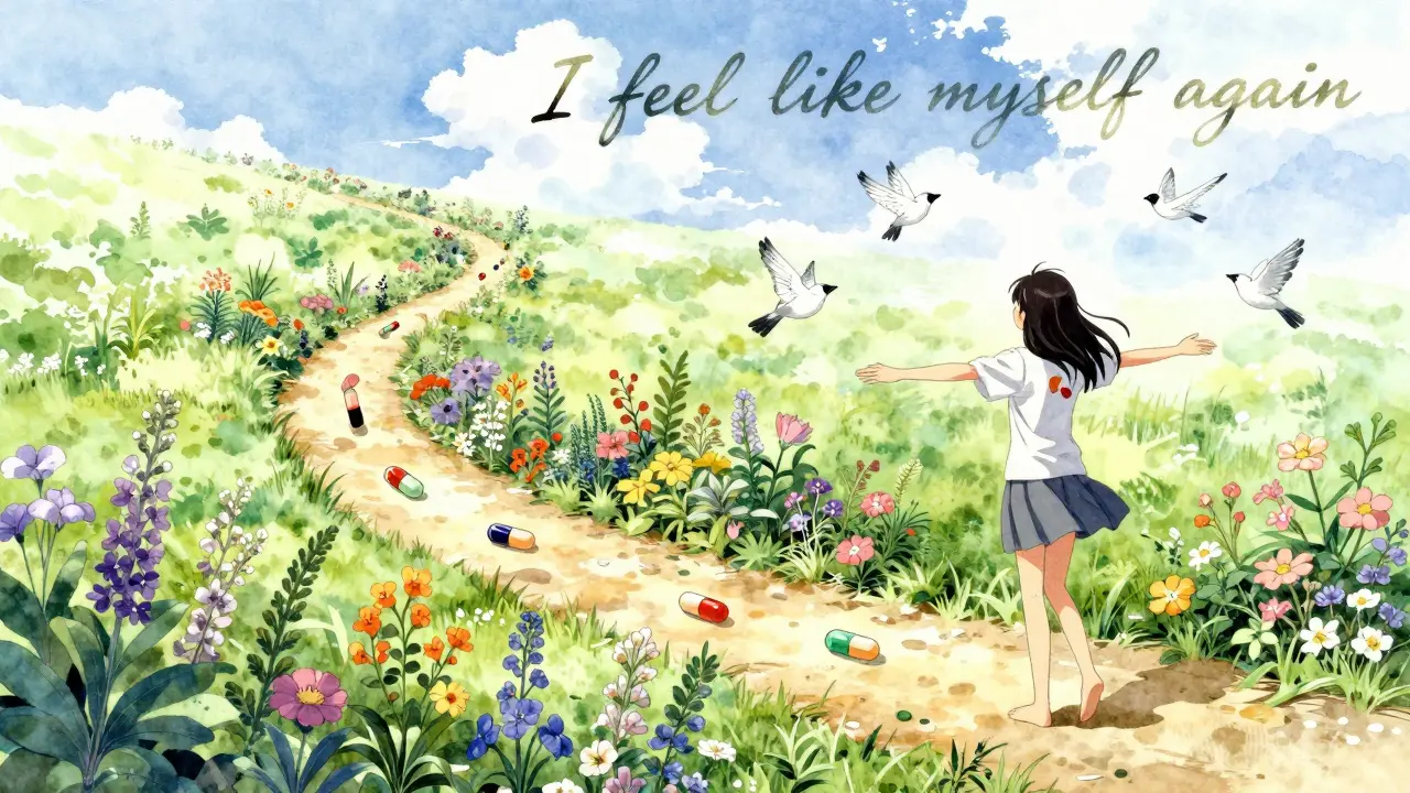 Woman walking through a garden as pills fade from her back, ending in freedom with birds and peaceful symbols surrounding her.