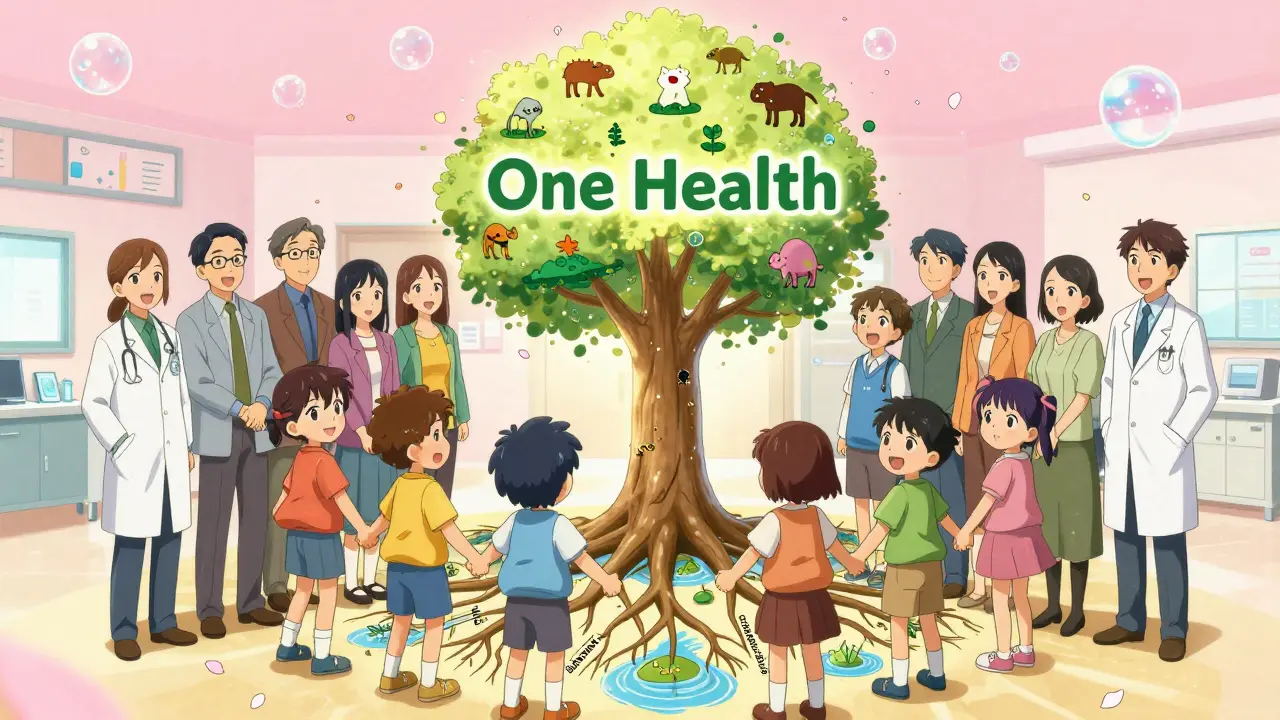 A community gathered around a tree symbolizing One Health, with disease roots connecting humans and animals.